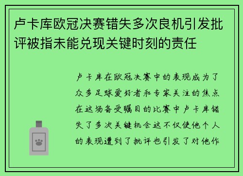 卢卡库欧冠决赛错失多次良机引发批评被指未能兑现关键时刻的责任