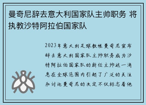 曼奇尼辞去意大利国家队主帅职务 将执教沙特阿拉伯国家队