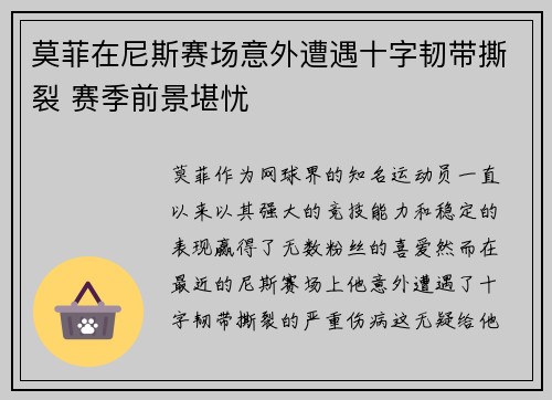 莫菲在尼斯赛场意外遭遇十字韧带撕裂 赛季前景堪忧